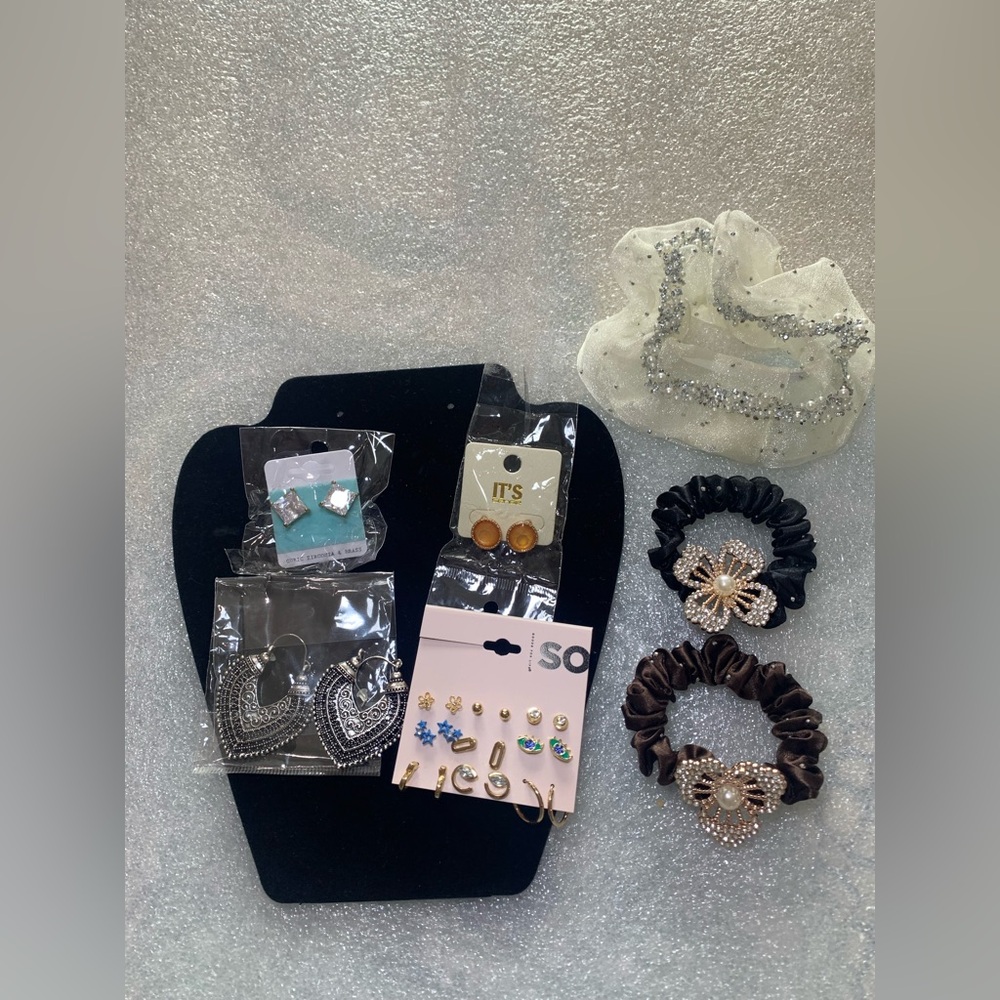 Chic Hair Accessory Set with Black and Brown Scrunchies & earrings